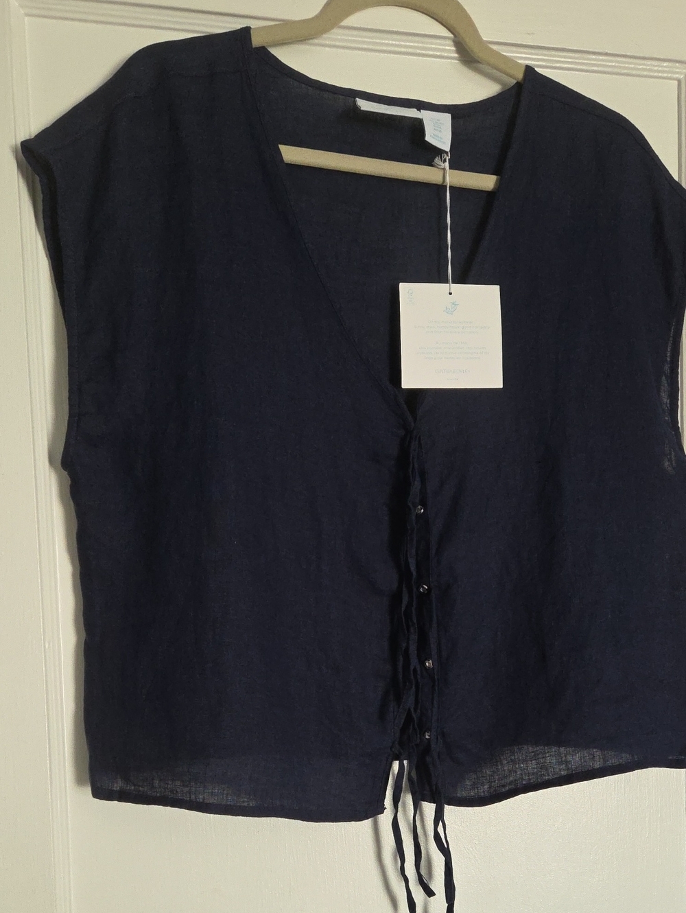 Cynthia Rowley Navy Linen Tie-Front V-Neck Sleeveless Top
